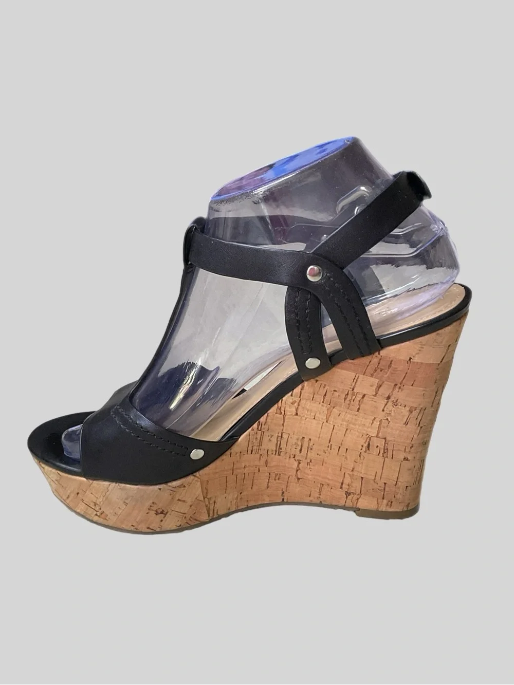Marc Fisher Black Leather 5” Cork Platform Wedge Sandals Buckle Ankle Strap Boho